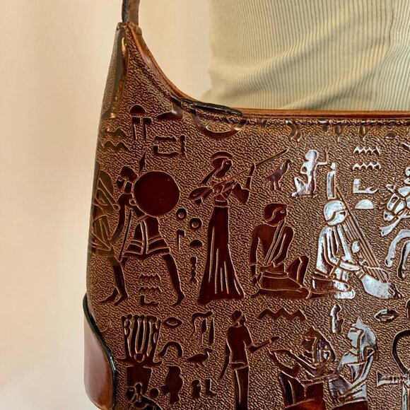 VTG Leather Hungun Egyptian Hieroglyphic Brown Hand Bag Purse Goddess Carving - Picture 5 of 15